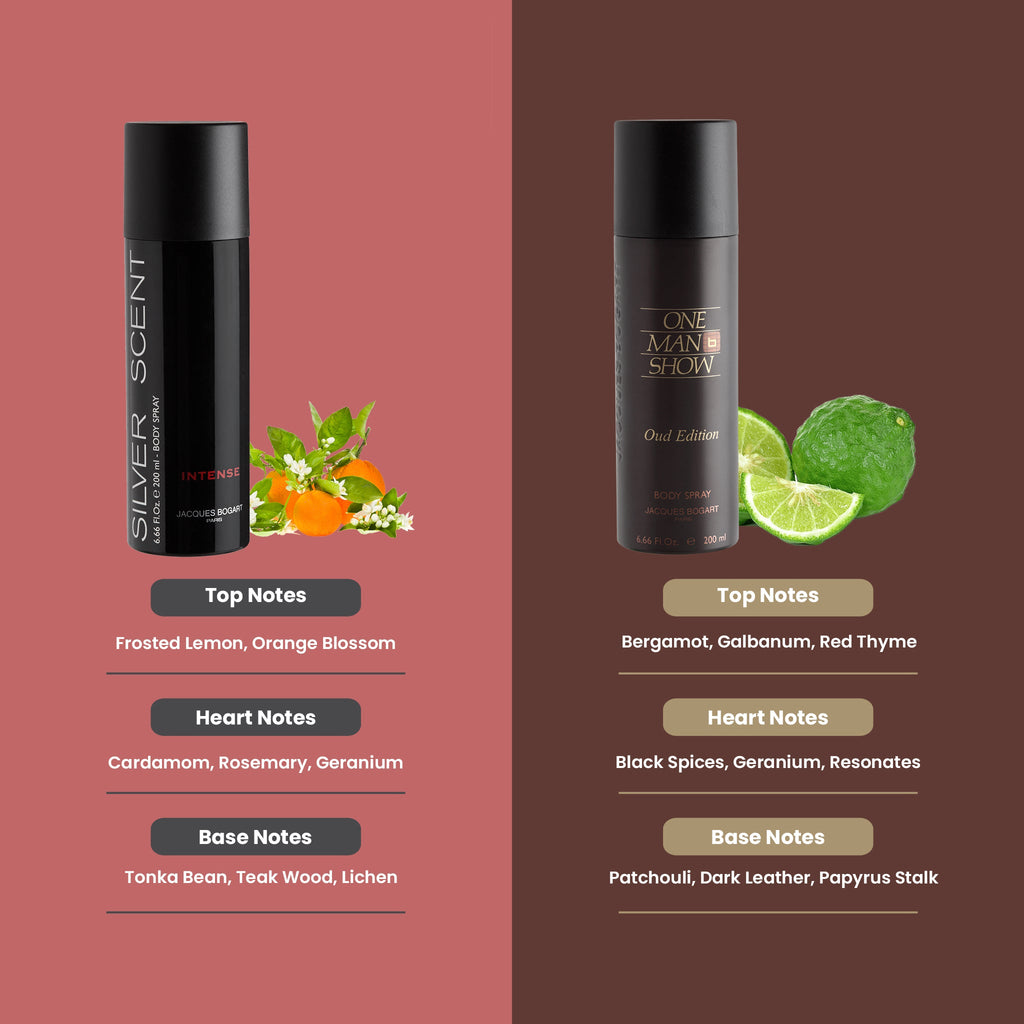 Jacques Bogart Silver Scent Intense + One Man Show Oud Deo Combo Set 400ml (Pack of 2) For Him