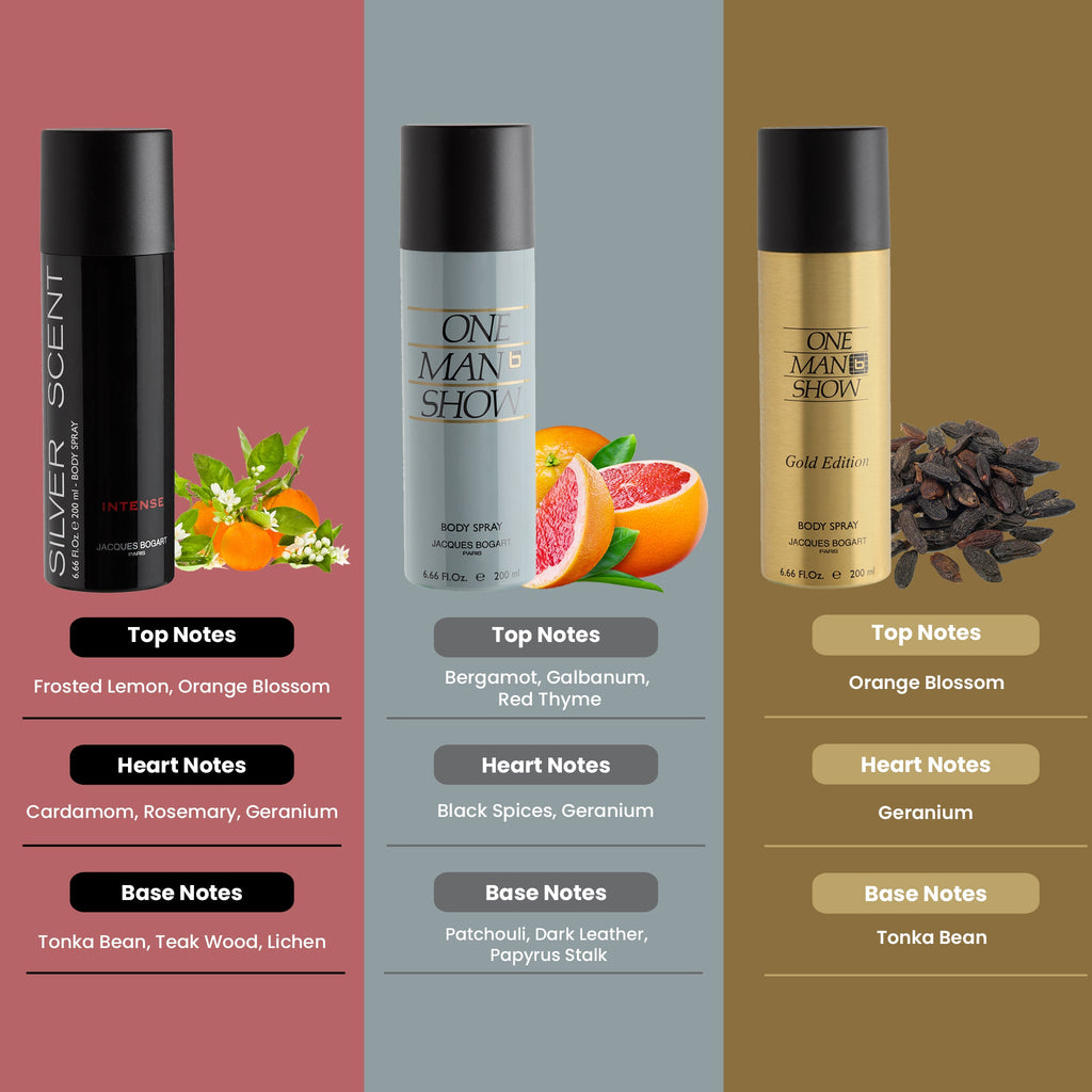 Jacques Bogart Silver Scent Intense + One Man Show + One Man Show Gold Deo Combo 600ml (Pack of 3) For Him