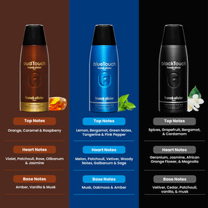 Franck Olivier Oud Touch + Blue Touch + Black Touch Deo Combo Set for Men (250ml each)