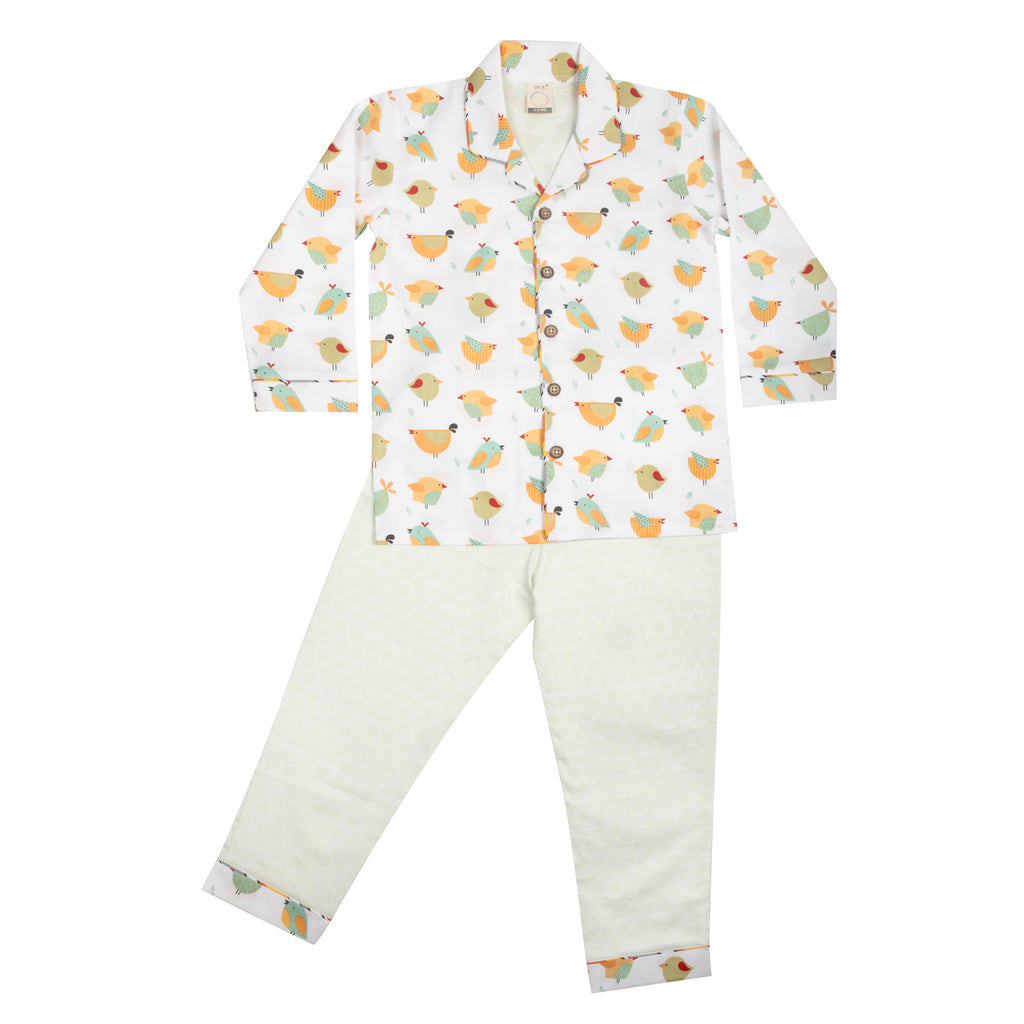 CASA DE NEENEE Bird Cotton Notched Pyjama Set, 1-2 Yrs