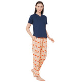 CASA DE NEENEE V-neck Navy Blue Half Sleeves T-shirt with Crab Peach printed Pyjama Set, L