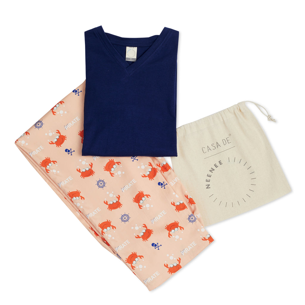 CASA DE NEENEE V-neck Navy Blue Half Sleeves T-shirt with Crab Peach printed Pyjama Set, L