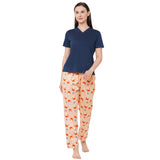 CASA DE NEENEE V-neck Navy Blue Half Sleeves T-shirt with Crab Peach printed Pyjama Set, XL