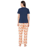 CASA DE NEENEE V-neck Navy Blue Half Sleeves T-shirt with Crab Peach printed Pyjama Set, XL