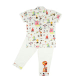 CASA DE NEENEE Circus Off White Cotton Notched half sleeves Pyjama Set, 2-3 Yrs