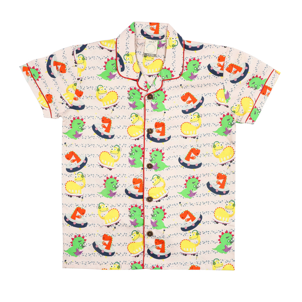 CASA DE NEENEE Dino Peach Cotton Notched Half sleeves Pyjama Set, 3-4 Yrs