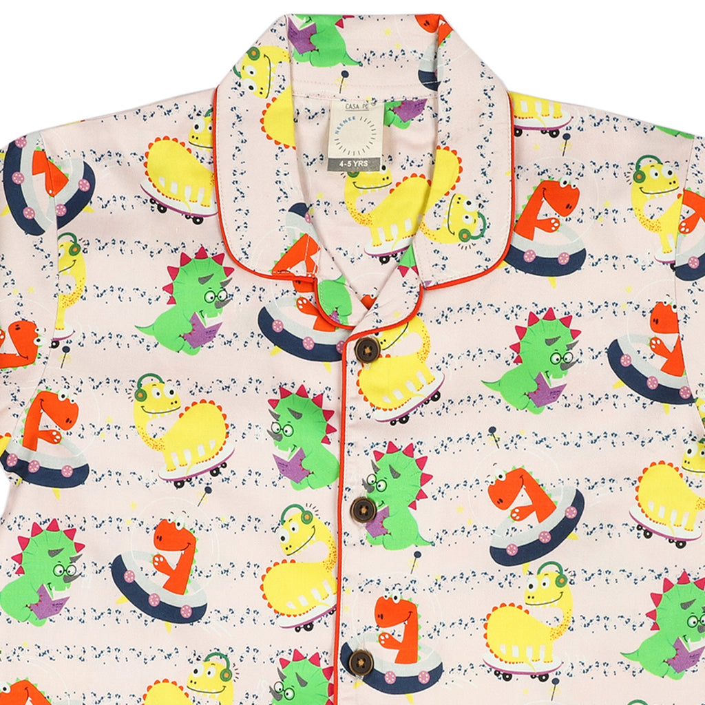 CASA DE NEENEE Dino Peach Cotton Notched Half sleeves Pyjama Set, 3-4 Yrs