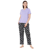 CASA DE NEENEE V-neck Lilac Half Sleeves T-shirt with Ghost Black printed Pyjama Set, XS