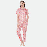 CASA DE NEENEE Octopus Pink cotton notched double collar with Half sleeves Pyjama Set, M