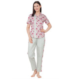 CASA DE NEENEE Orchid and Stripes Grey cotton notched collar with Orchid Grey panel Pyjama Set, L