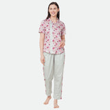 CASA DE NEENEE Orchid and Stripes Grey cotton notched collar with Orchid Grey panel Pyjama Set, XS