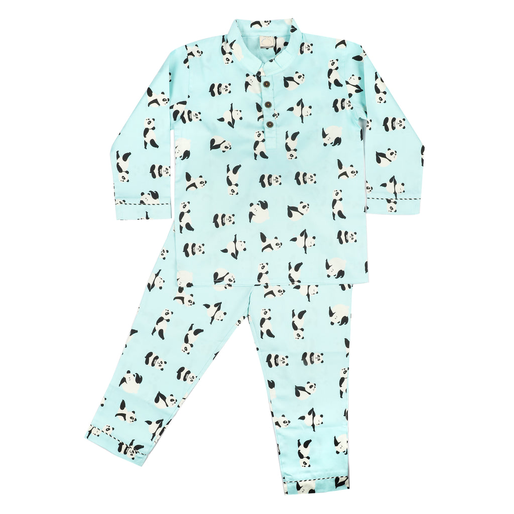 CASA DE NEENEE Panda Blue Cotton Manderine  Pyjama Set, 3-4 Yrs