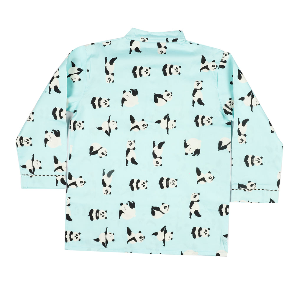 CASA DE NEENEE Panda Blue Cotton Manderine  Pyjama Set, 3-4 Yrs