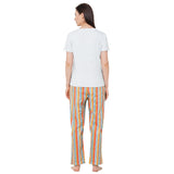 CASA DE NEENEE V-neck Light Grey Half Sleeves T-shirt with Red Masterd stripes printed Pyjama Set, L