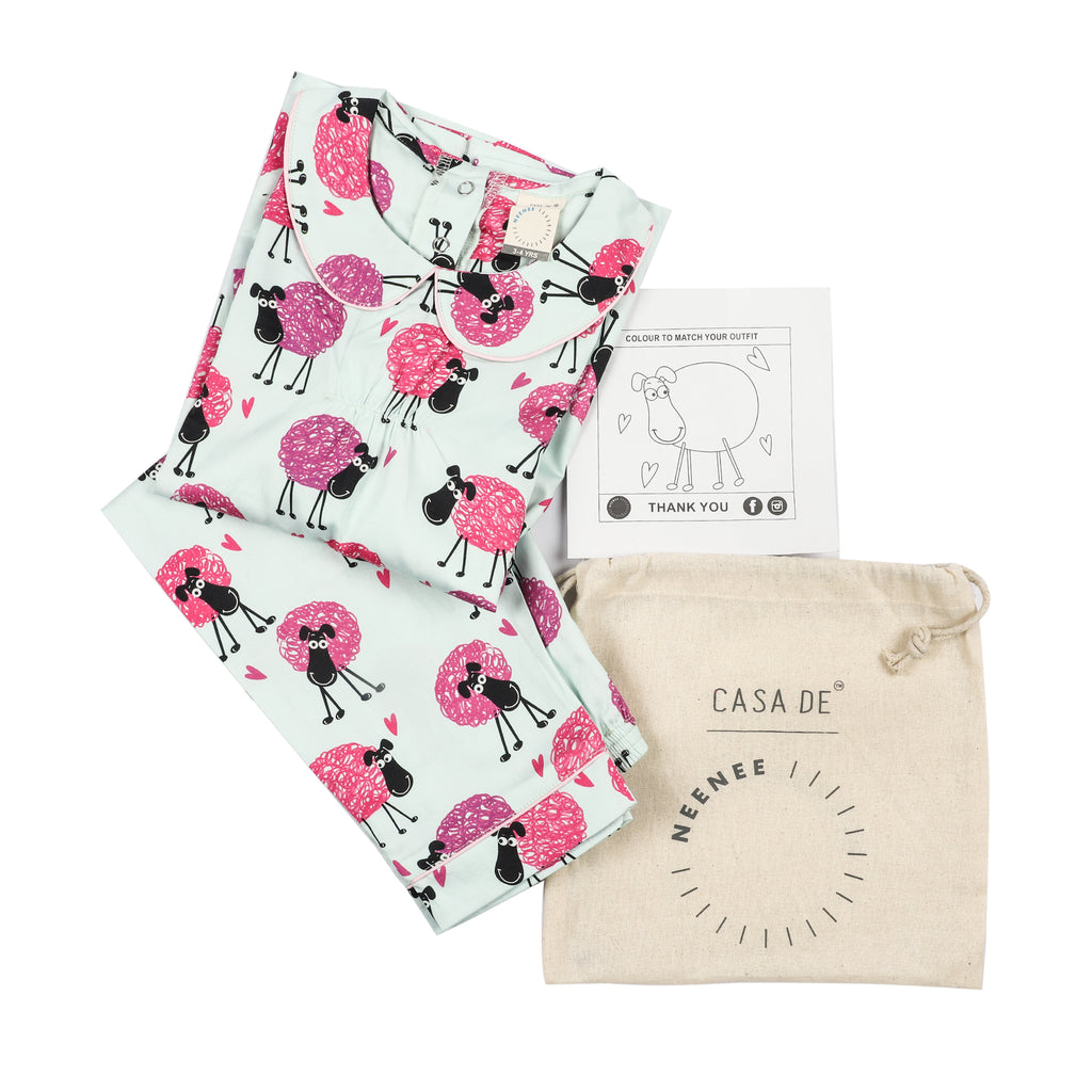 CASA DE NEENEE Sheep Pink Cotton Peter Pan A-line Pyjama Set, 3-4 Yrs