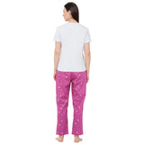 CASA DE NEENEE V-neck Light Grey Half Sleeves T-shirt with Space Wine printed Pyjama Set, XS