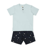 CASA DE NEENEE Space Blue Lt.Sky Blue round neck with placket half sleeves shorts set, 10-12 Yrs