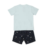CASA DE NEENEE Space Blue Lt.Sky Blue round neck with placket half sleeves shorts set, 3-4 Yrs