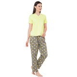 CASA DE NEENEE V-neck Yellow Half Sleeves T-shirt with Starfish Grey printed Pyjama Set, M